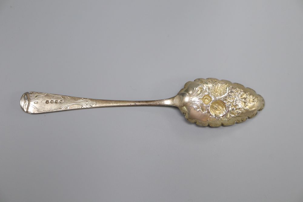 A pair of early George III silver Old English pattern berry spoon, Benjamin Cartwright II, London, 1764 & 4 others.